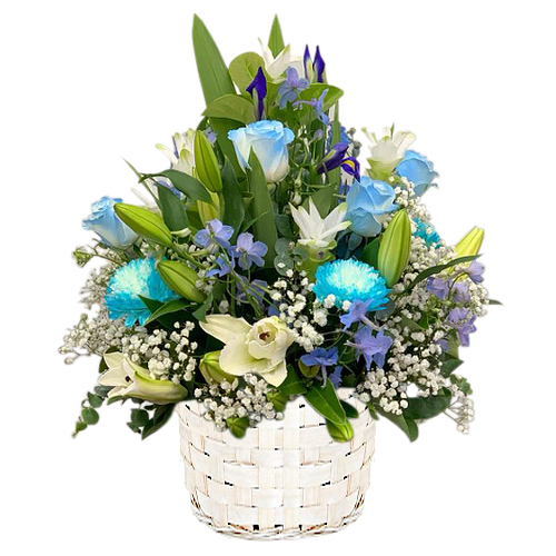 Baby blue like the infinite sky & sea. Featuring chrysanthemums, roses, irises & lilies. Perfect way to show someone special just how much you appreciate & love them.