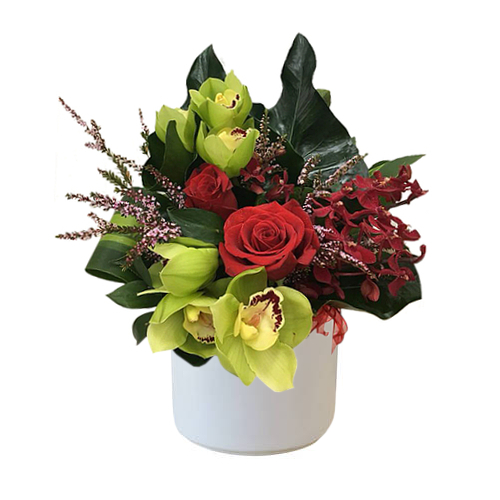 Crimosons roses cosy up in a sea of bright green Cymbidium boat orchids. A stunning gesture for any occasion - birthdays, anniversaries, or a thank you. Place an order online from anywhere now!