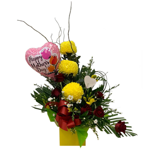 Yellow China aster and red roses are a winning combination. Send this arrangement to a dear friend or family member to celebrate love and great friendship on Mother's Day.